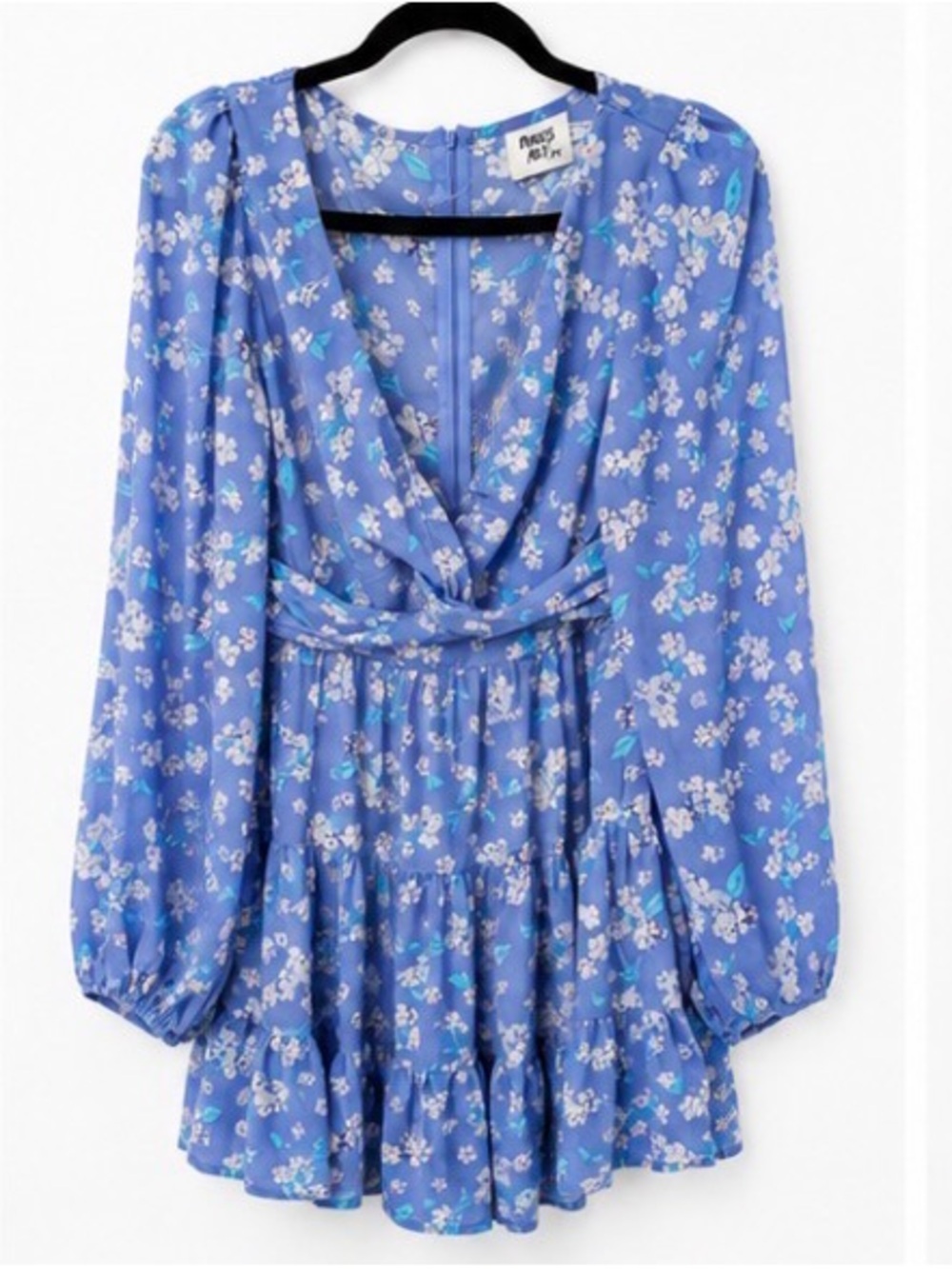 Blue Floral Long Sleeve Tiered Mini Dress